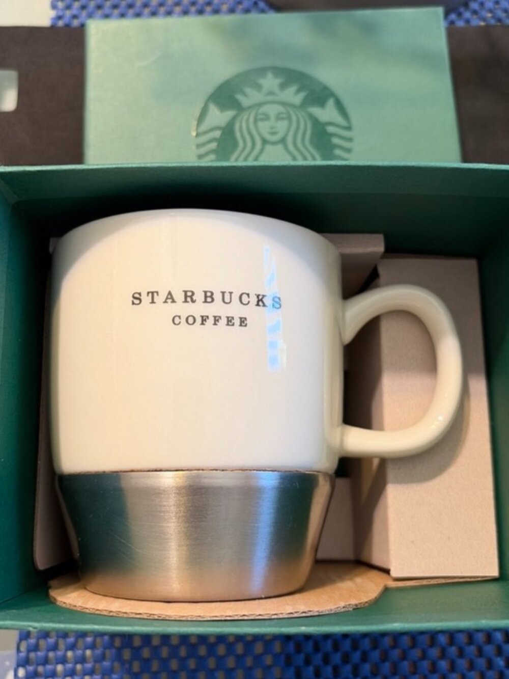 Starbucks 2006 White Ceramic 10oz Coffee Mug w/Metal Base Bottom in Original Box